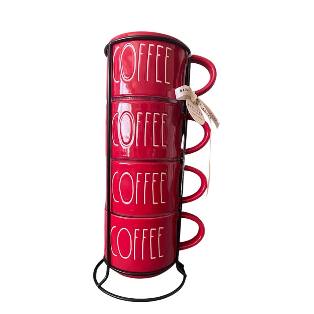 Rae Dunn COFFEE Stackable Mug Set with Rack NWT